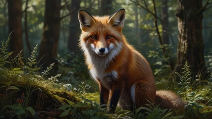 a fox standing tall in a sun-dappled forest, its eyes gleaming with intelligence and curiosity. The fur blends seamlessly with the foliage, creating a sense of camouflage.