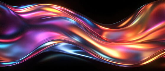 Rainbow Holographic Chrome Reflections on Organic Curved Feathers in a Futuristic Fluid Motion Composition on Dark Background