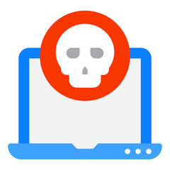 This graphic illustrates a digital threat with a skull symbol over a laptop, indicating potential malware or cyber risks.