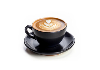 Black Ceramic coffee mug cup filled with cappuccino with a heart shape drawing 
Cup of latte art coffee isolated on a white background with a clipping path