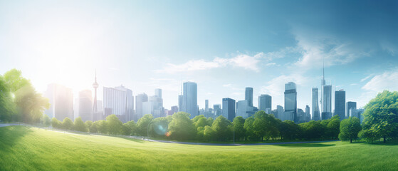 Fototapeta premium Urban Oasis: Green Park Meets City Skyline Panorama
