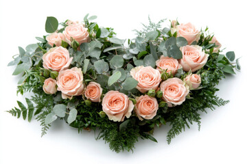 Elegant heart-shaped floral arrangement with soft pink roses and greenery
