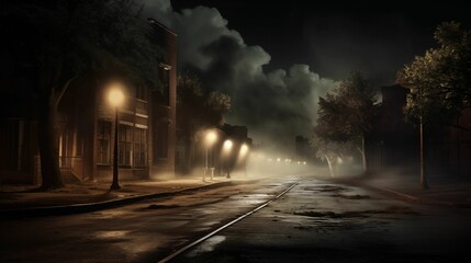 Foggy forest at night wallpaper. Generative ai