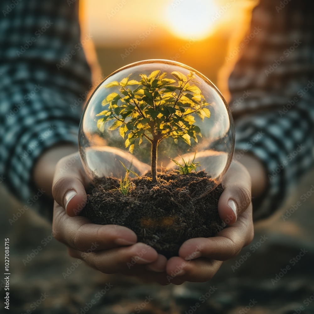 Canvas Prints A hand holding a glass sphere with a small tree and soil inside, representing the fragility of nature.