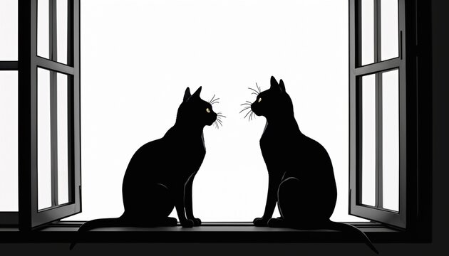 Two black cats mysteriously sitting by the window on a white background