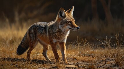 a golden jackal standing tall in a field bathed in warm sunlight. Its reddish-brown fur shimmers in the light, and its pointed ears and alert eyes convey a sense of curiosity and intelligence.