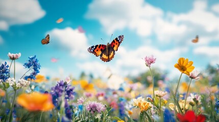 Colorful butterflies flying over a vibrant flower field under a bright blue sky. A perfect moment in nature.