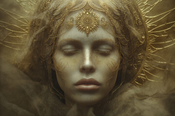 people of ai // angelic face of otherworldly being with golden skin adorned in intricate patterns, oracle of the sacred, photorealistic
