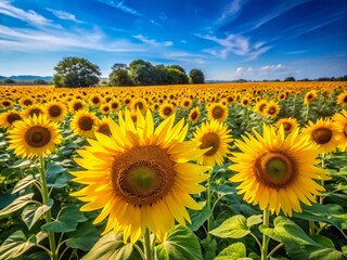 Fototapeta premium Vibrant Summer Sunflower Field with High Depth of Field for Nature Lovers and Photographers