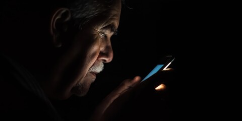 Obraz premium An elderly man intensely focuses on his smartphone in dim lighting, representing technology engagement and the digital era's impact on older generations.