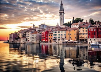 Naklejka premium Vibrant Sunset Over Rovinj's Waterfront - Coastal Beauty and Tranquility