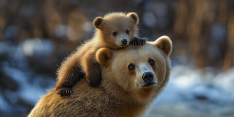 Adorable Fluffy Bear Cub Climbing on Mother&rsquo;s Back by Serene Riverbank Wildlife Photography