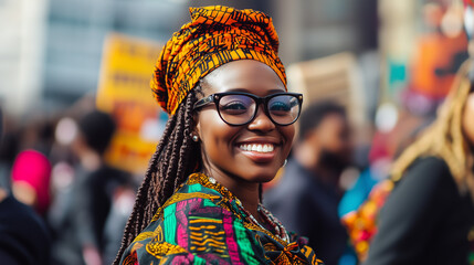 Black Awareness Day, a huge march with people from all walks of life wearing African cultural clothing, Ai generated images