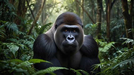 Obraz premium a gorilla in the dappled sunlight in the forest. The forest brings heavy in the air, creating a serene and ethereal atmosphere.