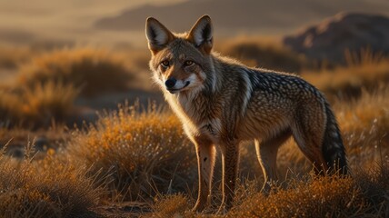 Fototapeta premium a golden jackal standing tall in a field bathed in warm sunlight. Its reddish-brown fur shimmers in the light, and its pointed ears and alert eyes convey a sense of curiosity and intelligence.
