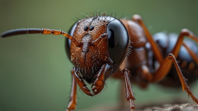 A close-up view of an ant's head, showing its compound eye, antennae, and mandibles.