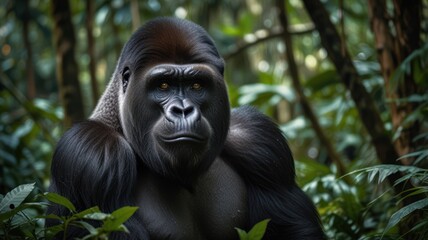 Obraz premium a gorilla in the dappled sunlight in the forest. The forest brings heavy in the air, creating a serene and ethereal atmosphere.