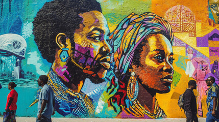 large mural on a city wall painted during Black Awareness Day, featuring important figures in African and diaspora history, bright colors and symbols of strength and unity, Ai generated images