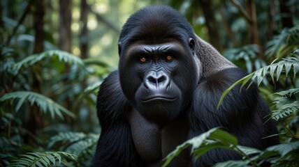 Obraz premium a gorilla in the dappled sunlight in the forest. The forest brings heavy in the air, creating a serene and ethereal atmosphere.