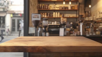 Empty Wooden Table in a Cozy Coffee Shop Setting