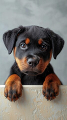 Obraz premium Rottweiler puppy dog peeking out from the edge of a blank billboard with his paws on the bottom edge and his head facing forward on a cute and adorable pastel background