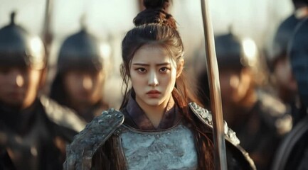 Scene of an ancient asian female warrior posing cool, Camera slow motion with different angles