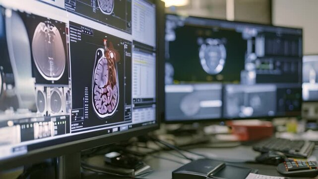 Detailed Brain Scans Displayed on Computer Monitors in a Medical Office, Generate an Video of an artificial intelligence system that analyzes medical imaging scans and accurately detects abnormalities