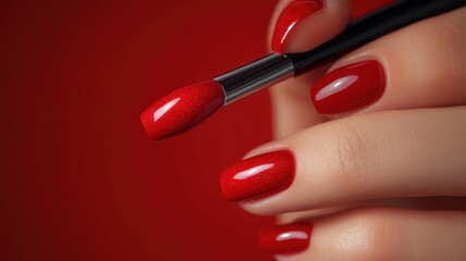 Fashionable model applying bright red nail polish