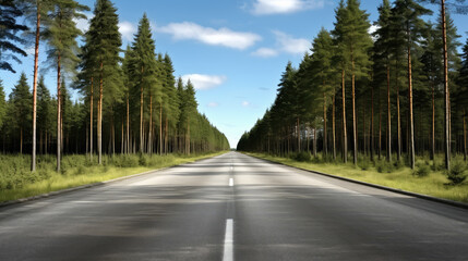 Fototapeta premium Serene Highway Through Lush Pine Forest