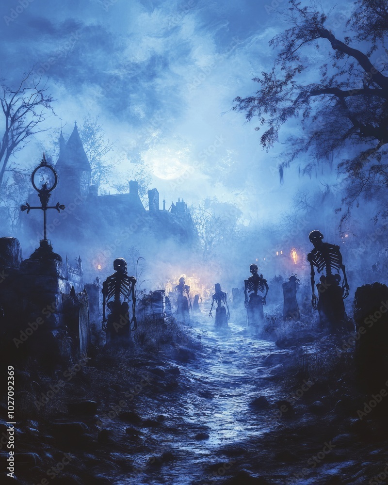 Sticker A horde of skeletons march towards a mysterious castle under a full moon on a foggy night.