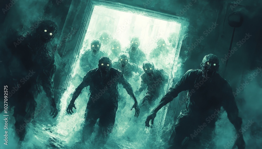 Canvas Prints A horde of zombies emerges from a doorway, their glowing eyes and decaying flesh visible in the eerie green light.