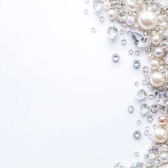 flat-lay of white background with sparkling pearls and diamons