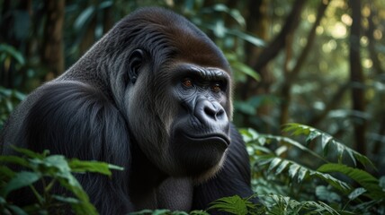 Obraz premium a gorilla in the dappled sunlight in the forest. The forest brings heavy in the air, creating a serene and ethereal atmosphere.