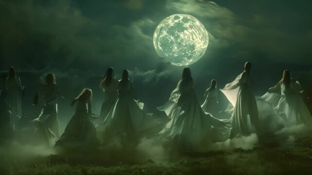 A group of ethereal figures dance beneath a luminous full moon, their white gowns billowing in the night air, Ghostly figures dancing under the full moon