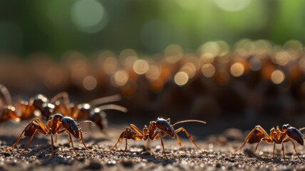 Fototapeta premium A close-up shot of a line of ants marching in a single file. The ants are in focus, while the background is blurred and bokeh.