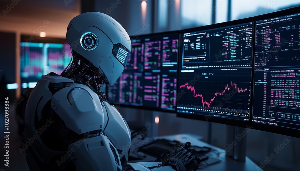 Canvas Prints A humanoid robot sits at a desk in front of a multiple-monitor setup, analyzing financial data.