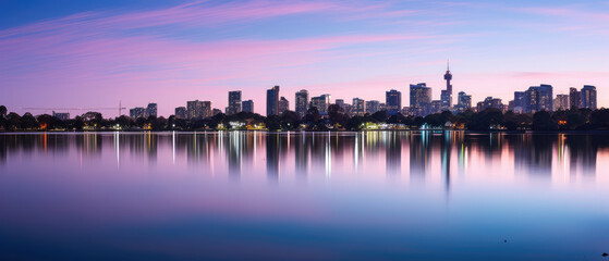 Fototapeta premium Serene Dusk Skyline and Reflective Water Panorama