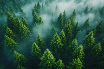 Ethereal view of a misty pine forest under natural lighting from above