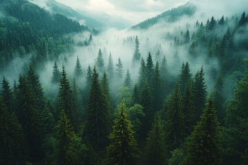 Fototapeta premium A serene view of a dense pine forest enveloped in mist at dawn