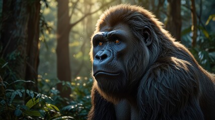 Obraz premium a gorilla in the dappled sunlight in the forest. The forest brings heavy in the air, creating a serene and ethereal atmosphere.