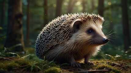Fototapeta premium a hedgehog standing in a sun-dappled forest. Its spiny coat glistens in the warm light, and its small, beady eyes peer out from beneath its curled-up body.
