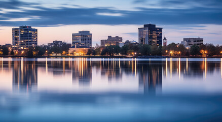 Obraz premium Twilight Serenity in Urban Waterfront Setting