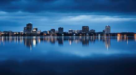 Serene City Nightscape with Water Reflections
