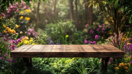 Tranquil Garden Setting with Wooden Table