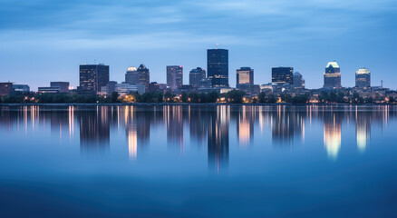 Fototapeta premium Serene City Skyline at Twilight Reflection