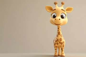 Obraz premium A cheerful cartoon giraffe with big eyes and a friendly smile, standing against a neutral background.