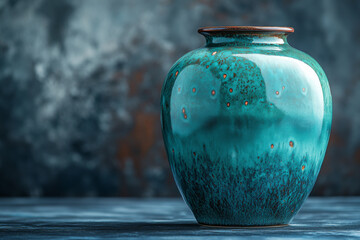 Elegant blue-green ceramic vase with intricate textures against dark backdrop