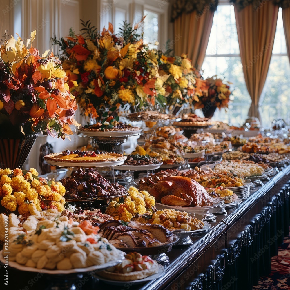 Sticker A large buffet table overflowing with an abundance of Thanksgiving food.