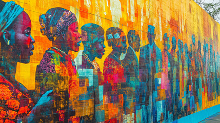 large mural on a city wall painted during Black Awareness Day, featuring important figures in African and diaspora history, bright colors and symbols of strength and unity, Ai generated images