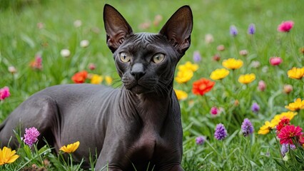 Black sphynx cat in flower field
